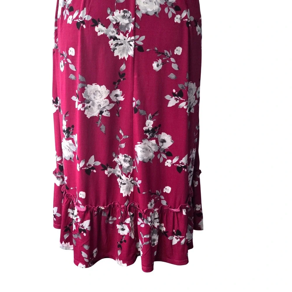 Cato Burgundy Floral Wrap Midi Dress Ruffle Sleeve V-Neck Tie Waist Stretch L B1